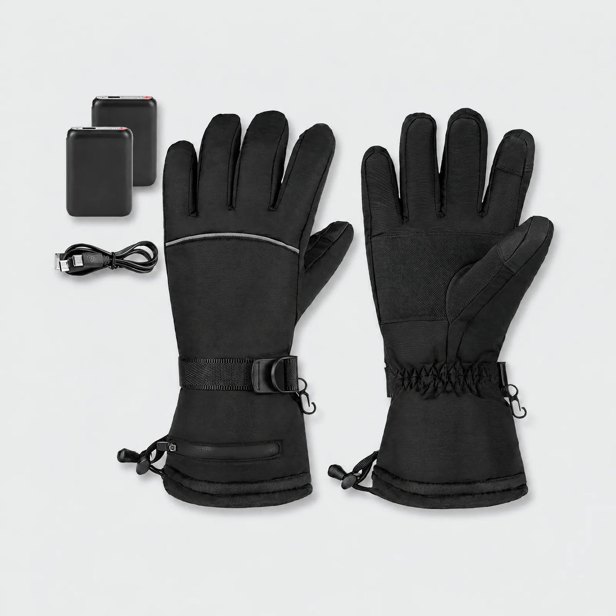 Alpenwarm heated winter gloves in black with two power banks and USB charging cable