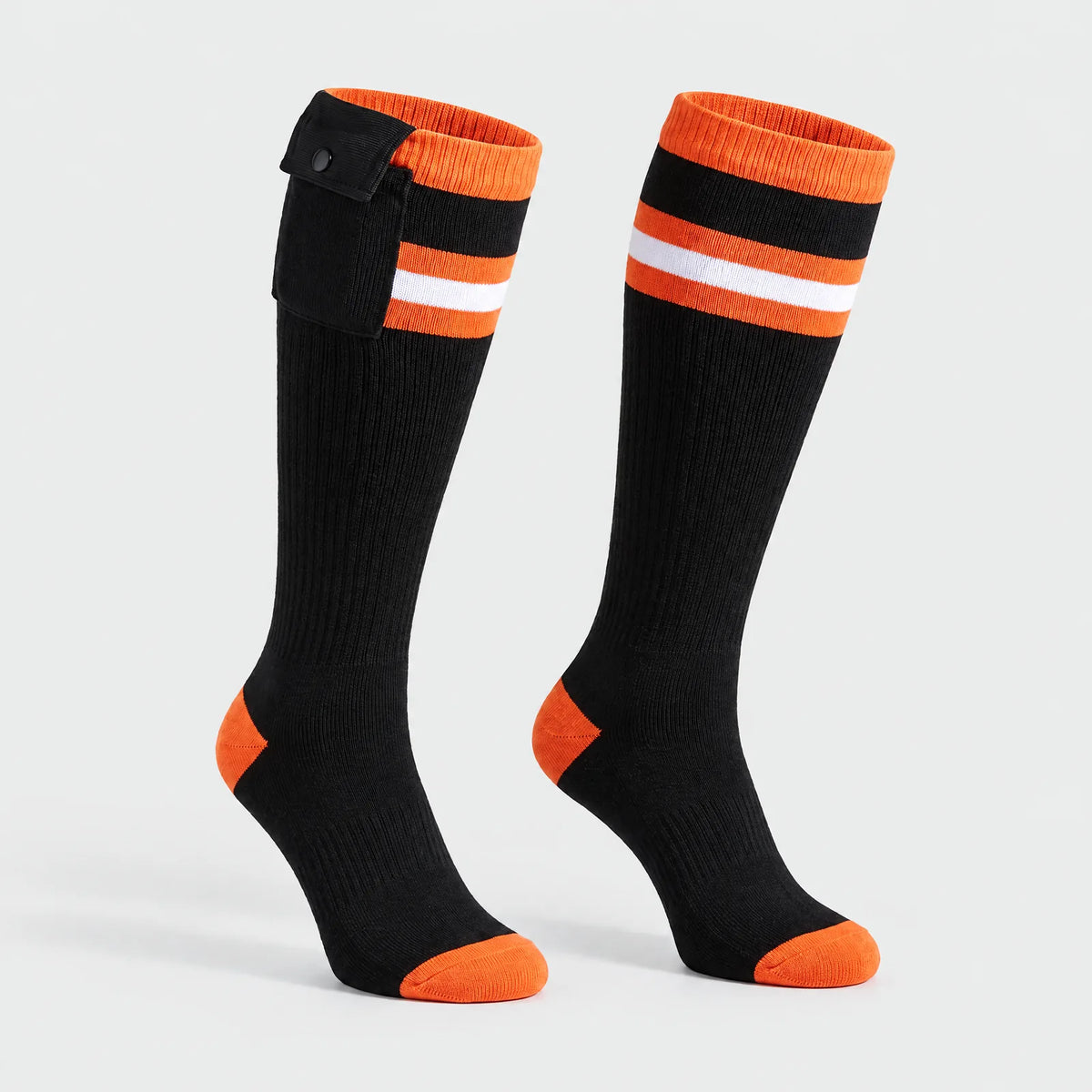 Alpenwarm heated knee-high socks in black-orange with striped cuff