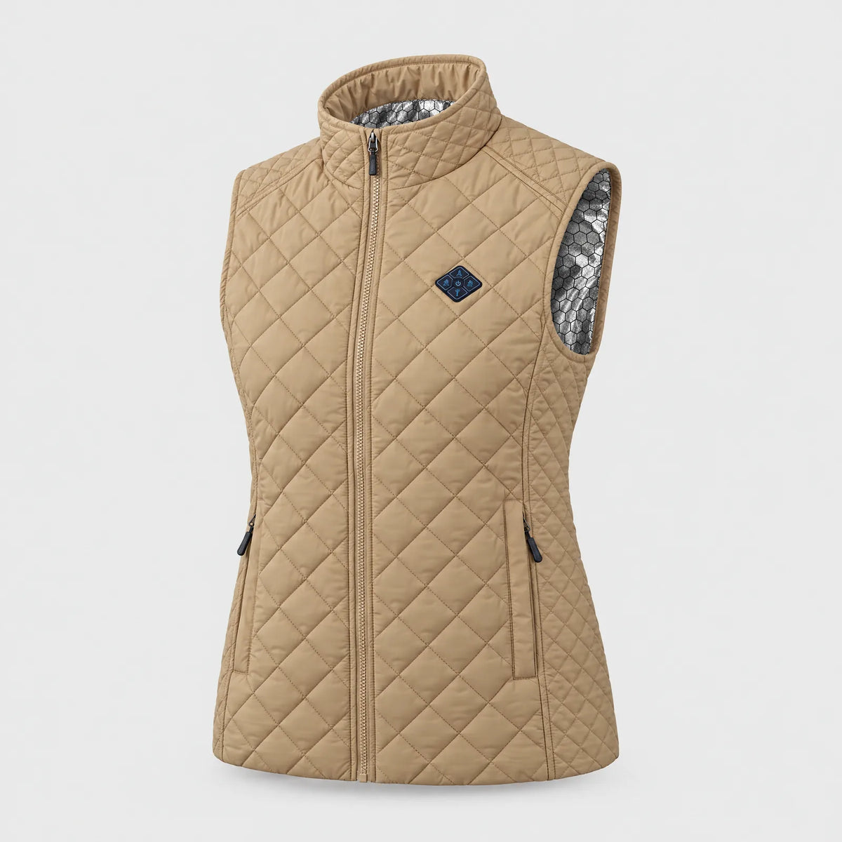 Women's heated quilted vest in beige with silver lining in the collar