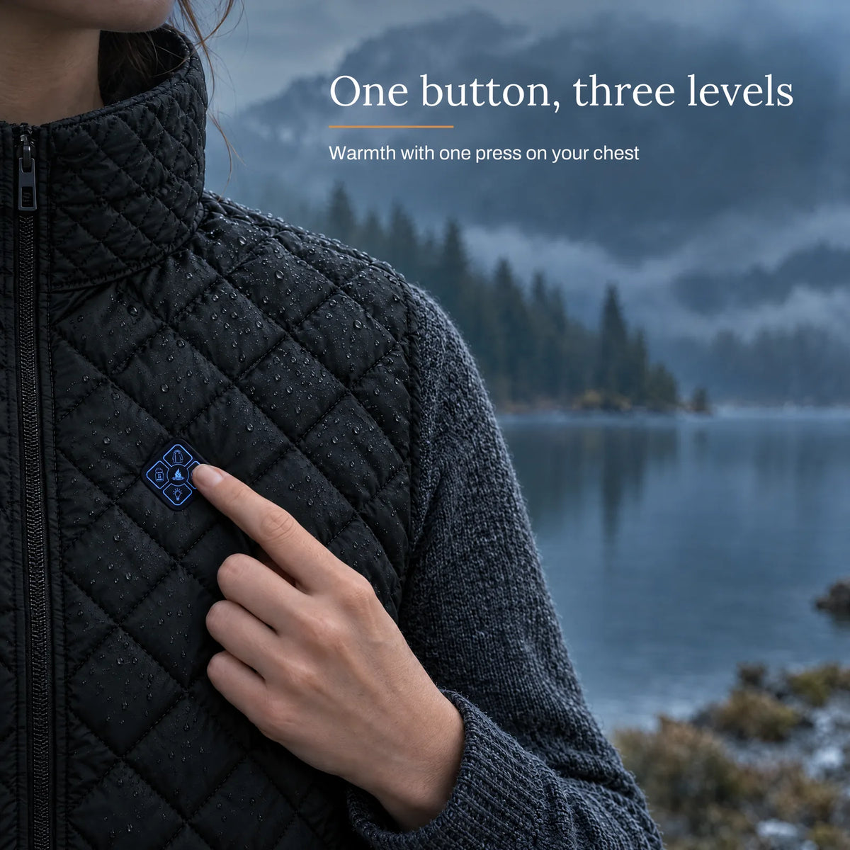 Chest button with three heat levels on the women's heated vest