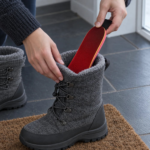 Heated insole being slid into a lined winter boot
