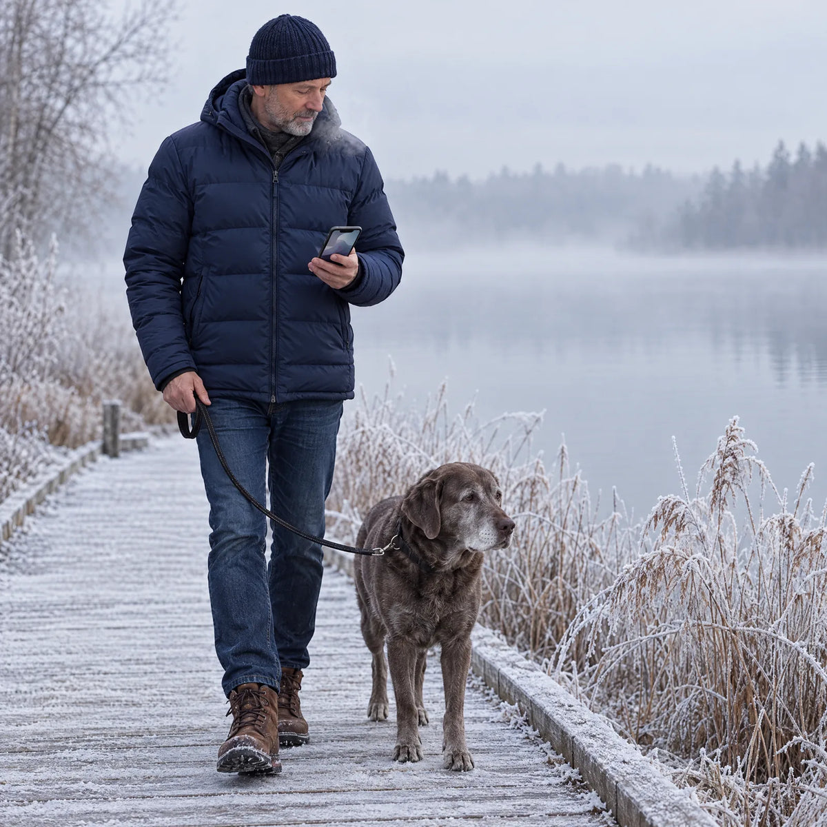 Man with his dog at a frosty lakeshore adjusting the insole temperature on his phone