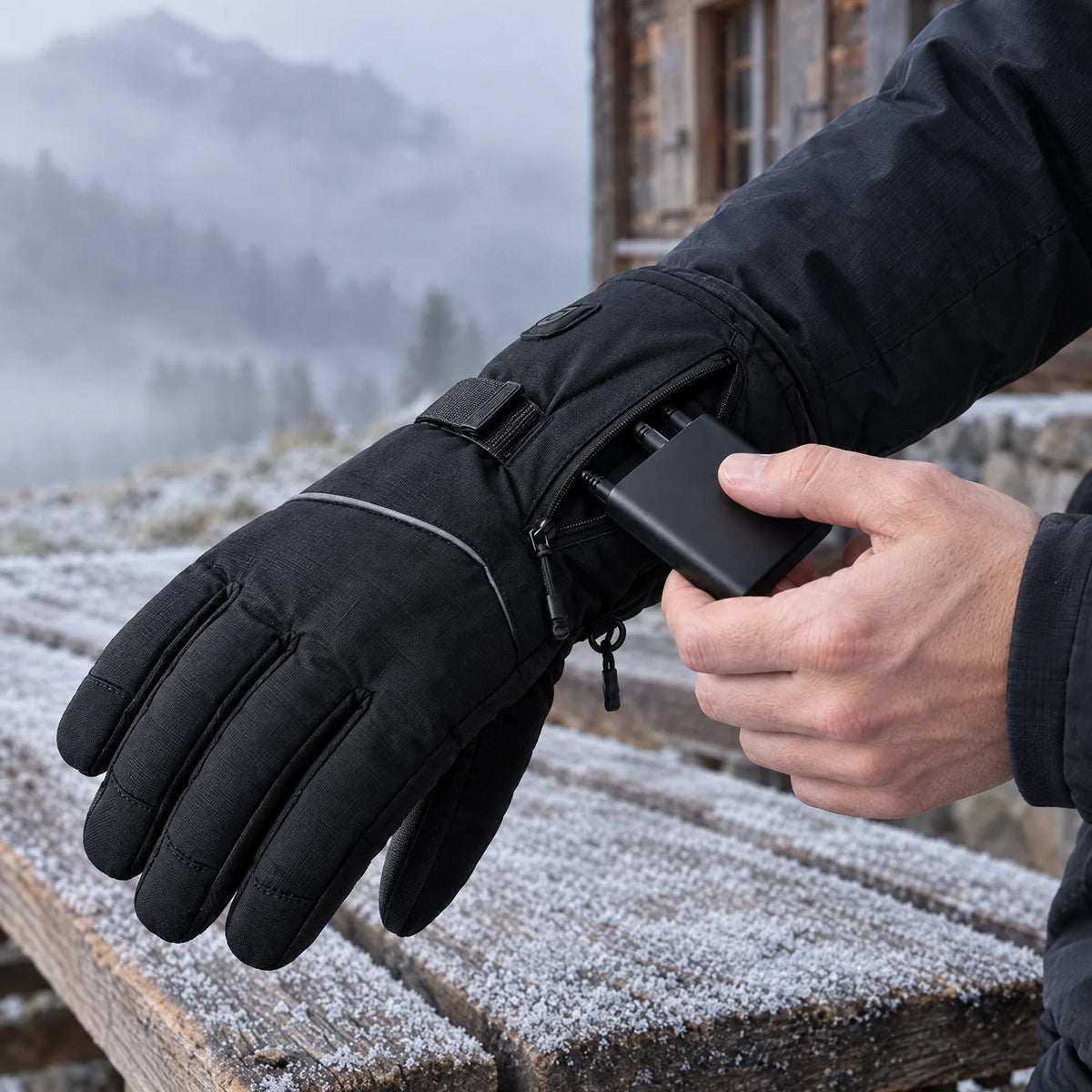 Power bank going into the zipped cuff pocket of the heated winter gloves