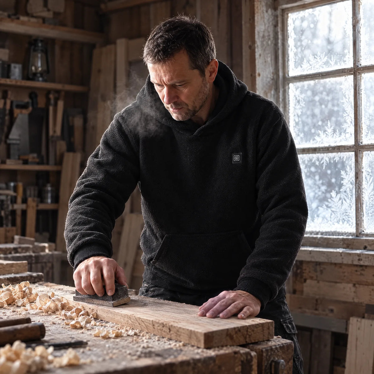 Man in the black heated hoodie sanding wood in a cold workshop