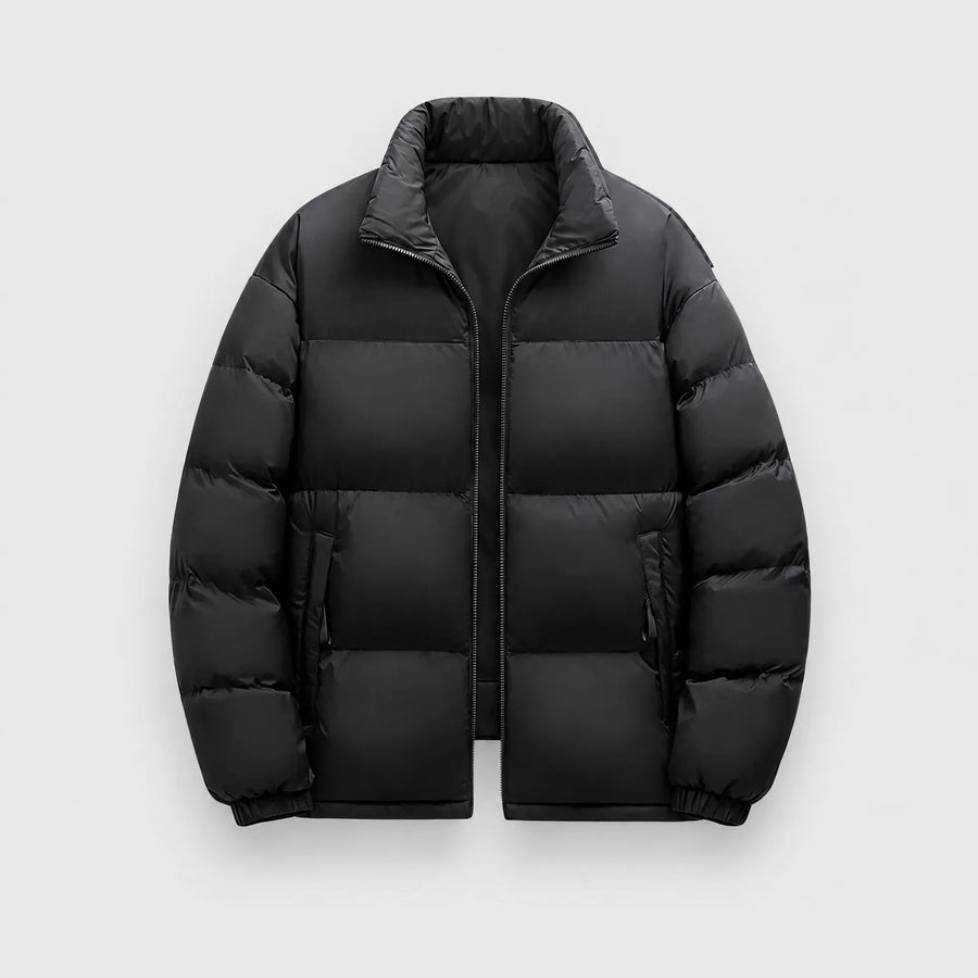 Alpenwarm heated puffer jacket in black, front view