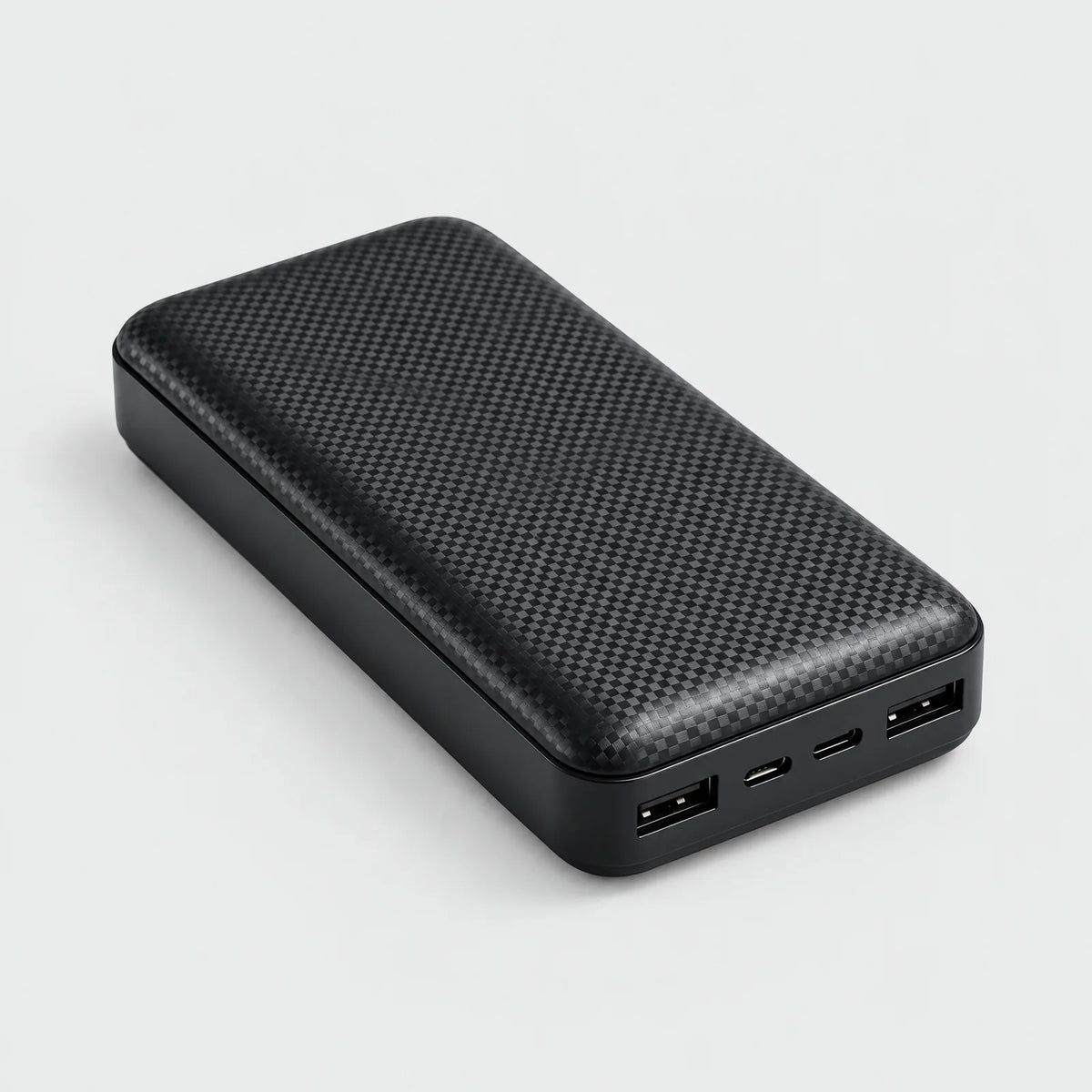 Alpenwarm Power Bank 20,000 mAh with carbon texture, seen from above