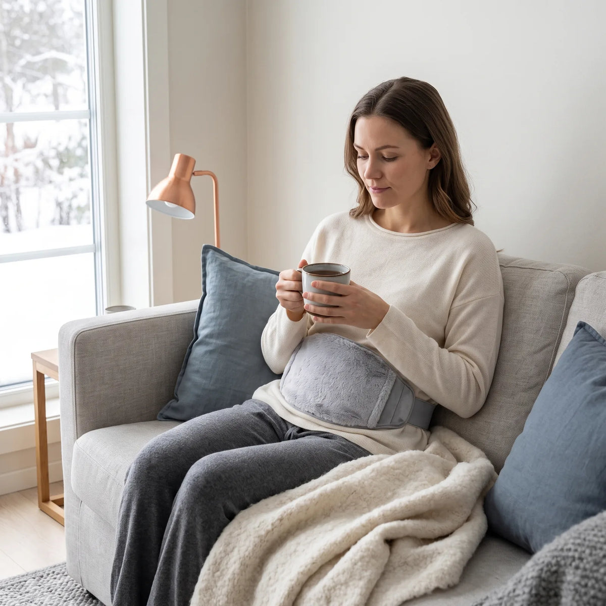 Woman on the sofa with a cup of tea, wearing the heated waist belt on her lower belly over her sweater