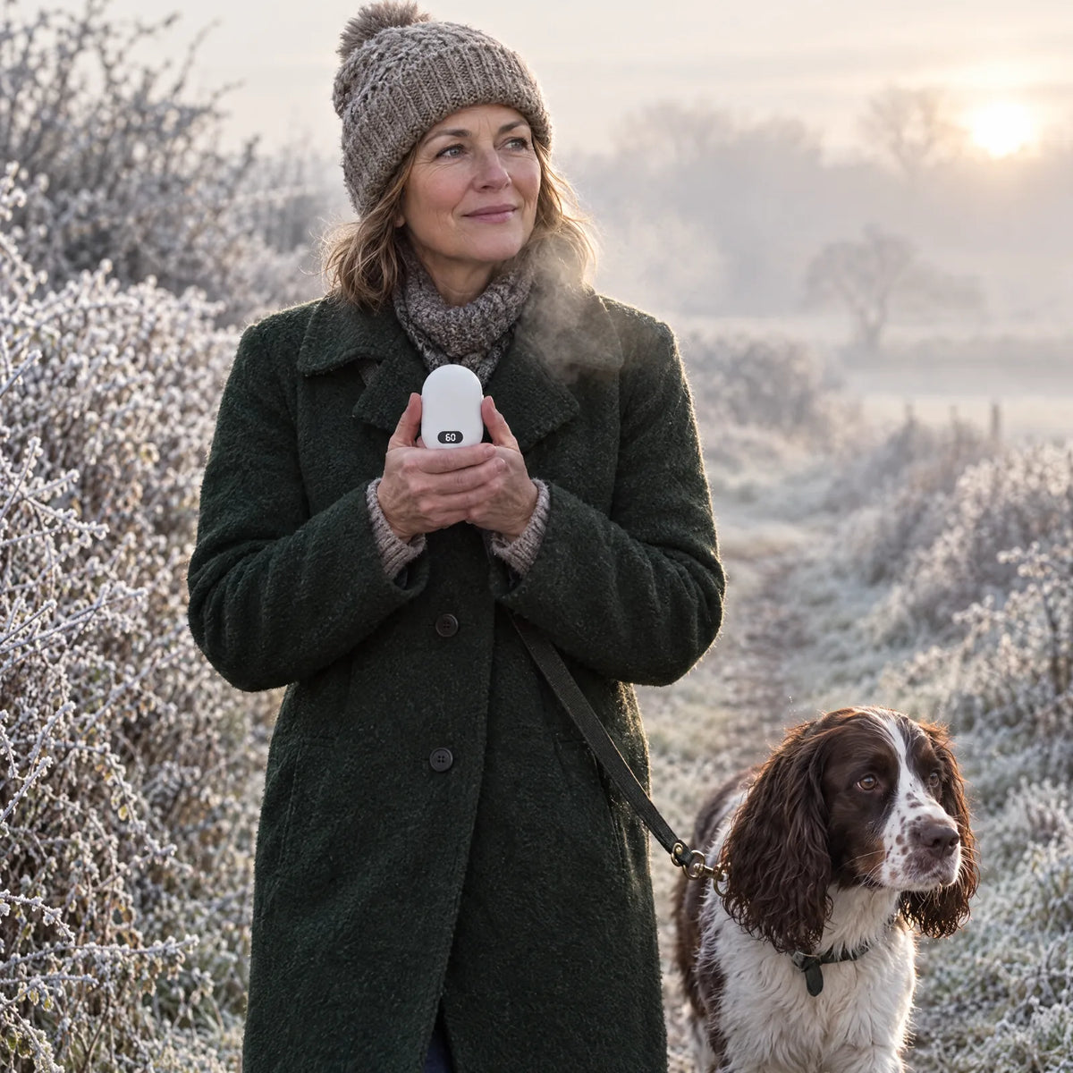 Woman with her dog holding the white rechargeable hand warmer on a frosty morning walk